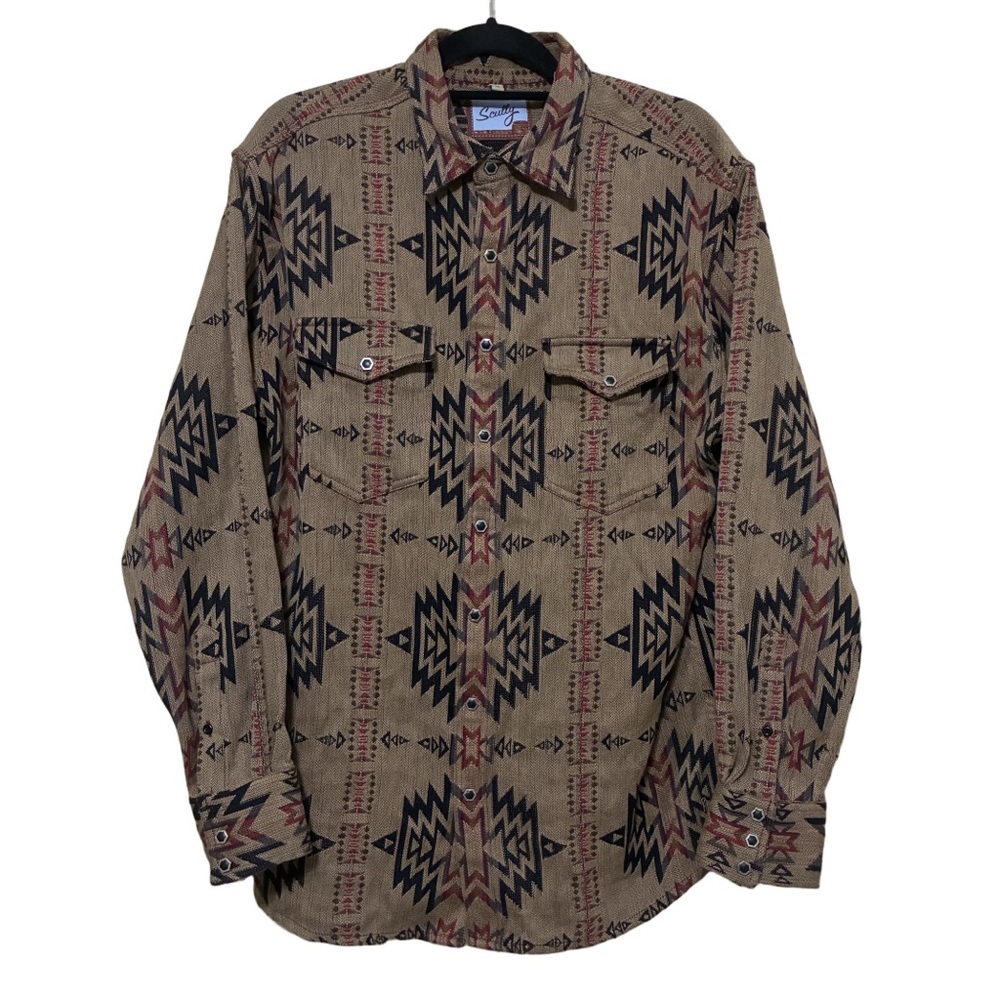 Scully Southwestern Cowboy Button Up Shirt Men’s M Brown Snap Tribal Aztec Print